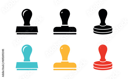 Illustration of rubber stamp icons in black, blue, yellow, and red isolated on white