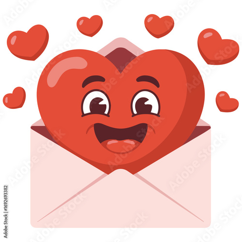 Vector illustration red heart comes out envelope white background Valentine day card