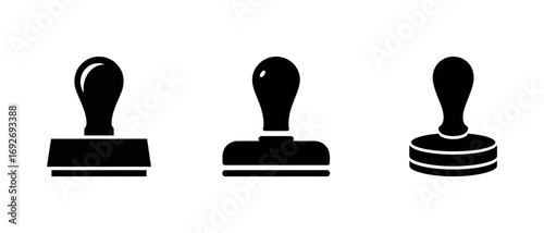 Black Rubber Stamp Icons With Handle for Official Document, Isolated on White Background