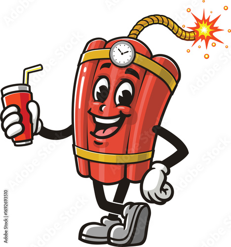 TNT dynamite mascot cartoon holding a soft drink