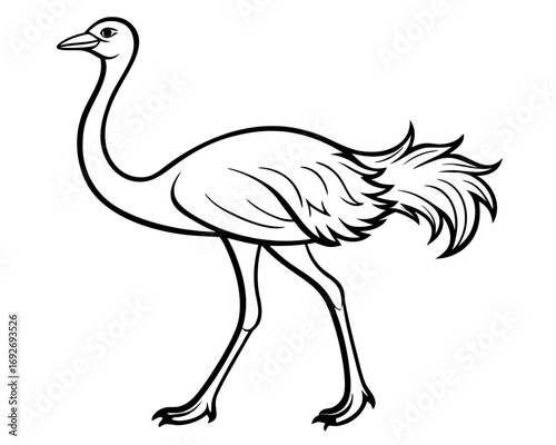 Black and white line drawing of an ostrich in motion