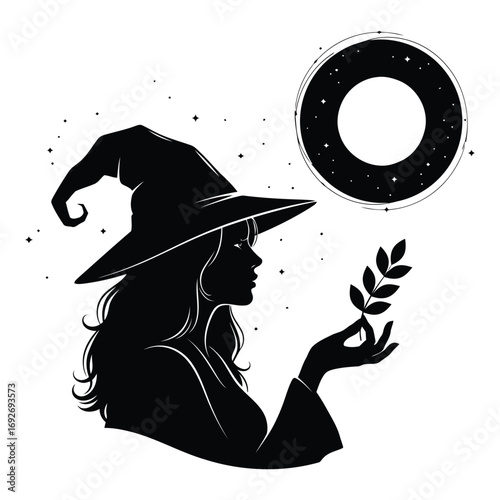 Vector art of silhouette of a witch in a pointed hat holding a sprig with a full moon and stars in the background