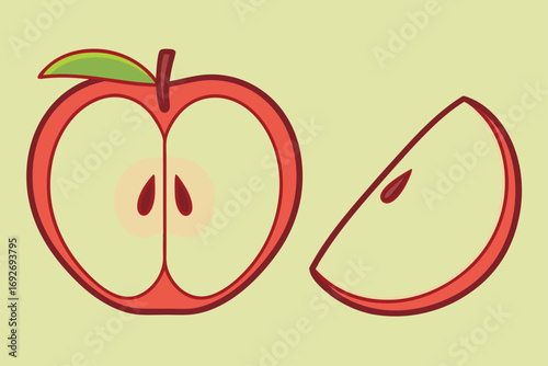 Red Apple Half and Slice with Seeds on Light Yellow Background fruit food
