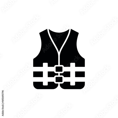 Black life vest icon on white background with safety buckles illustration
