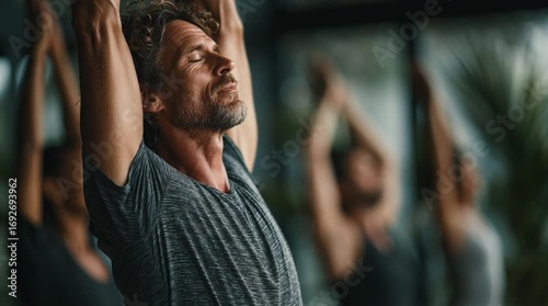 a man practices yoga in a bright and airy space with natural light coming through the window, and he feels relaxed and concentrated.