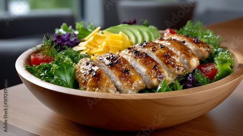 Freshly Grilled Chicken Breast Served on a Bed of Mixed Greens and Veggies