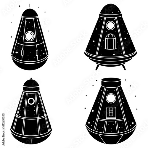 Four black and white space capsules with windows and stars in a vector graphic illustration design