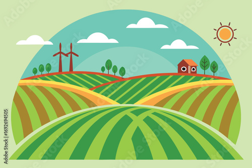 Rolling Green Hills with Farmhouse, Wind Turbines and Sun landscape rural