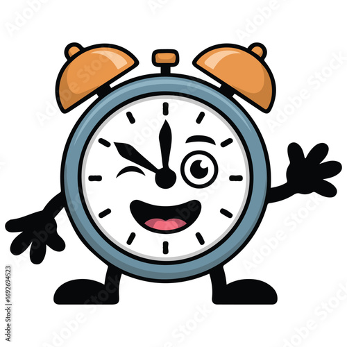 Alarm clock with wink character cartoon isolated vector illustration on white