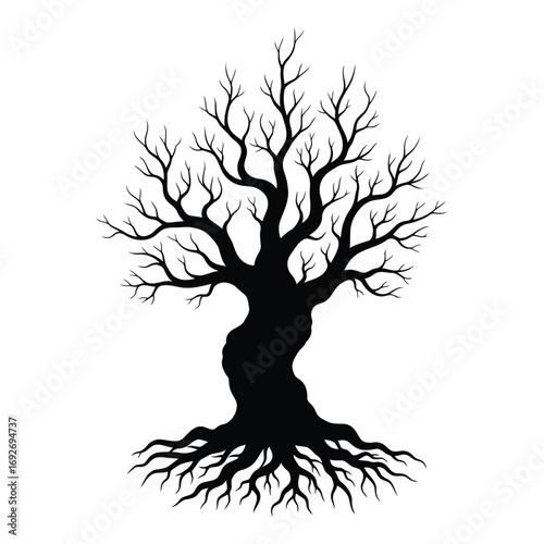 Vector art of gnarled ancient dead tree with twisted trunk and exposed roots, stark silhouette