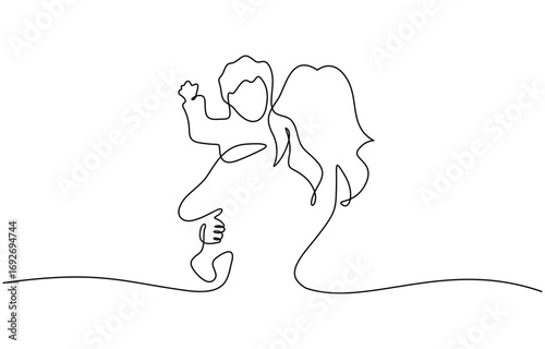 Mother holding baby in one continuous line art style, minimalist family love concept. Editable outline