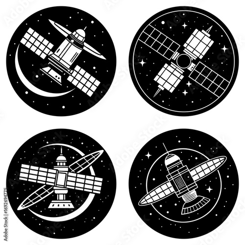 Four black and white circular icons displaying satellites in space with stars and crescent moon shapes