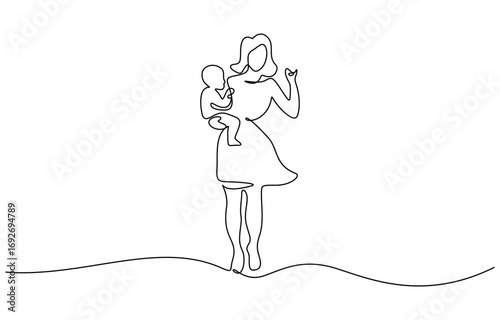 Mother holding baby in one continuous line art style, minimalist family love concept. Editable outline