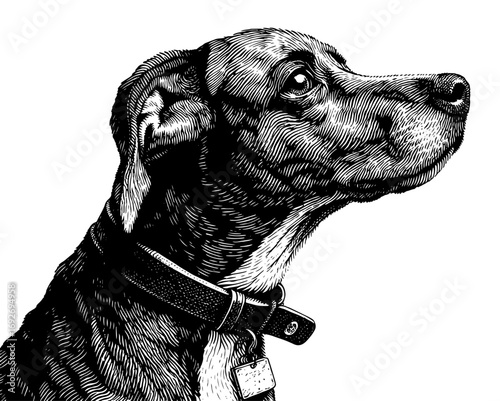 Dog portrait in black and white engraved style