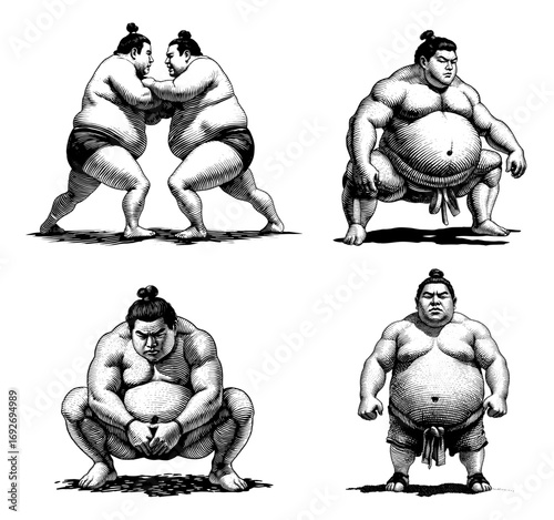 Set of sumo wrestler poses in engraved style