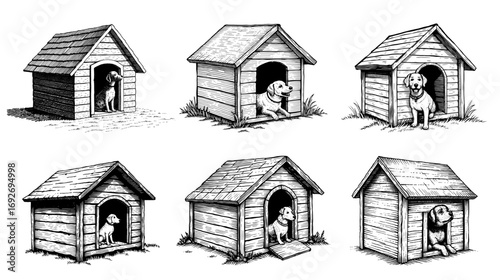 Set of dogs in their doghouses in a vintage black and white woodcut style