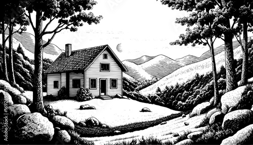 Small cabin in a mountainous landscape in woodblock print style in black and white