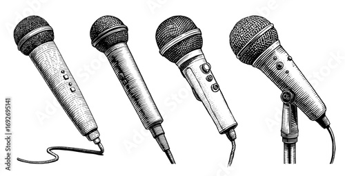 Vintage microphones in engraving style in black and white