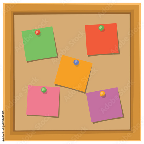 Cork notice board with multicolored pinned memos and notes vector illustration isolated