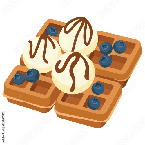 Belgian style waffle with scoop of ice cream and chocolate sauce vector art isolated