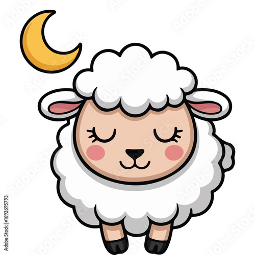 Cute sheep under starry night sky nursery room poster isolated vector illustration