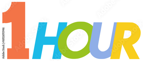 Vibrant one hour text graphic with multicolor typography, a creative vector illustration for time management and scheduling concepts on an isolated background
