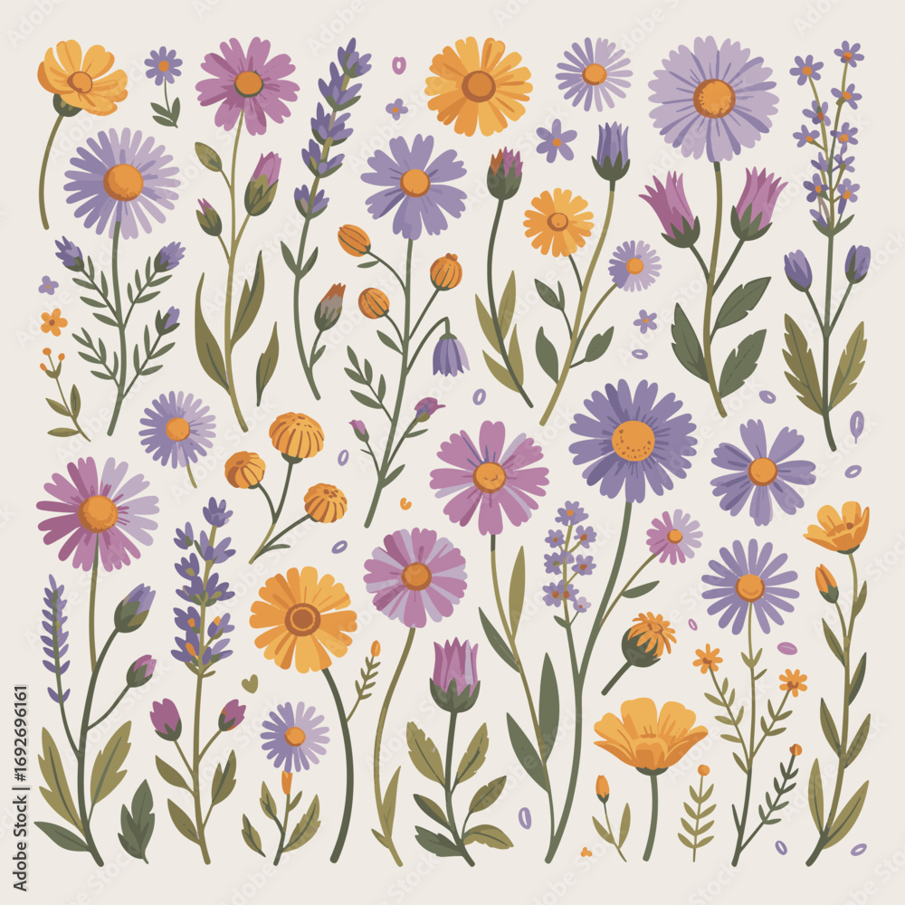 Hand painted wildflowers including daisies lavender and other delicate blooms in soft purple yellow and green shades perfect for spring floral design patterns and nature inspired artwork