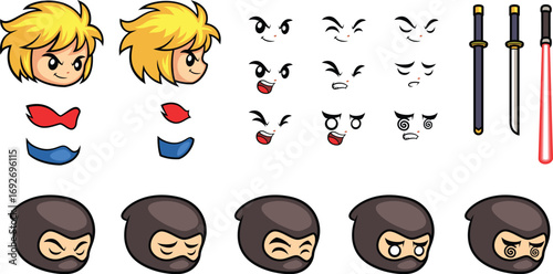Black & Blue Ninja Head Face Expressions Game Sprite Sheets