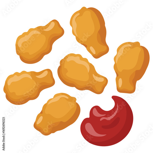 Chicken nuggets surrounding a ketchup dip sauce container top view isolated vector illustration on white background