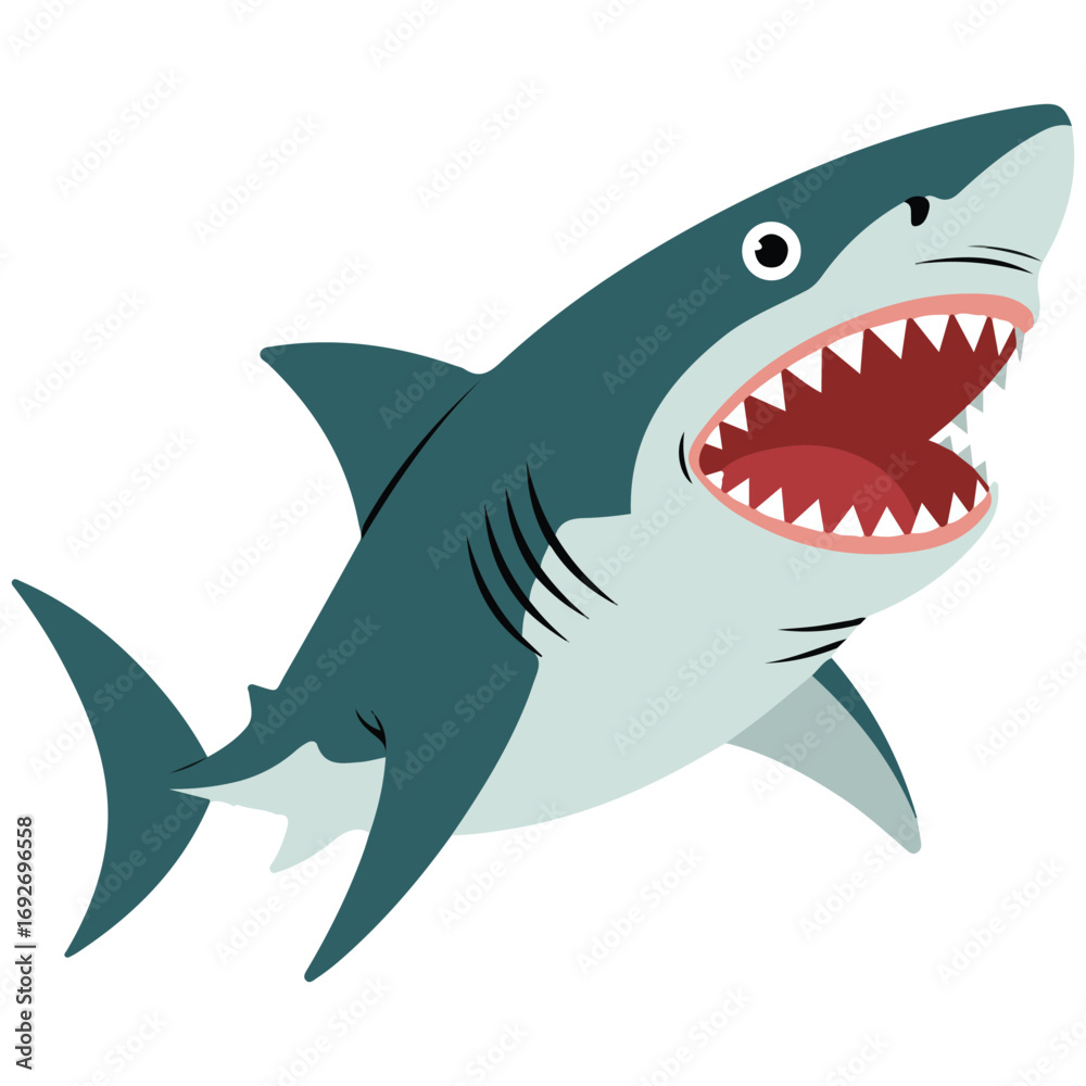 Fototapeta premium Large cute shark character with open mouth isolated vector illustration on white background