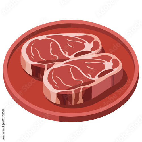 Raw beef steak piece on a rustic plate isolated vector illustration on white background