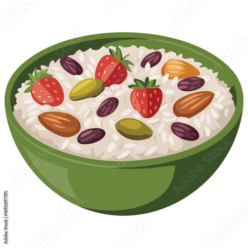 Nutritious oat flakes with fruits nuts in plate isolated vector illustration on white background