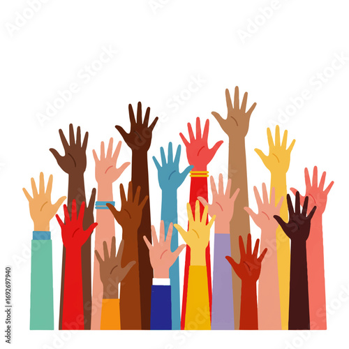 Diverse group of hands raised in unity, support, or participation against a white background.