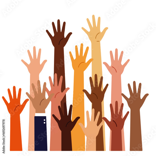 Diverse group of hands raised upwards, showcasing various skin tones and unity.