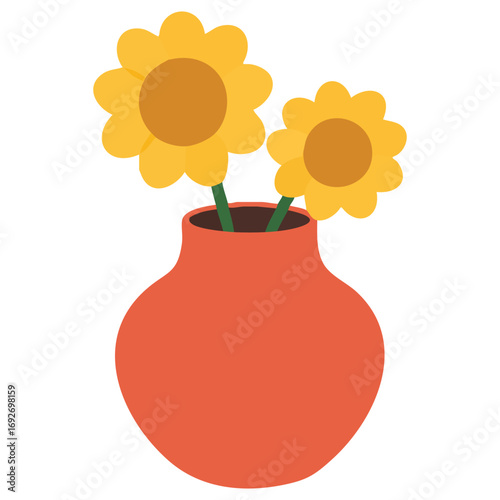 Red vase with yellow flowers and leaves isolated vector illustration on white background