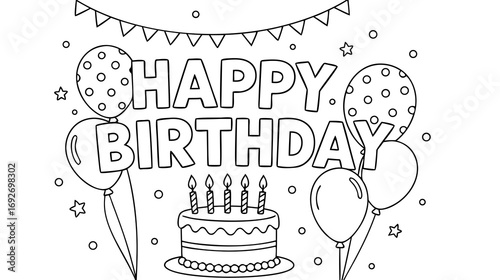 Happy birthday coloring page for kids with balloons and cake  