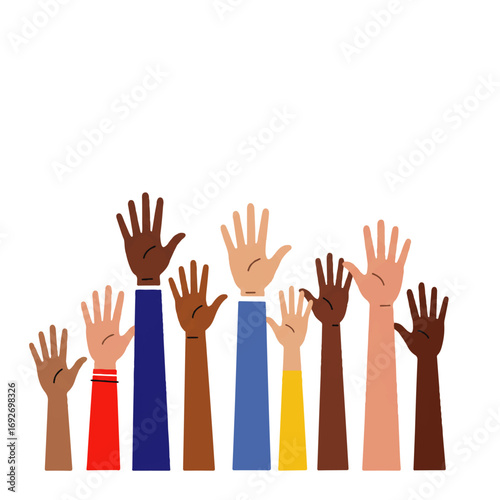 Diverse group of hands raised in unity, showcasing different skin tones and colorful sleeves against a white background.