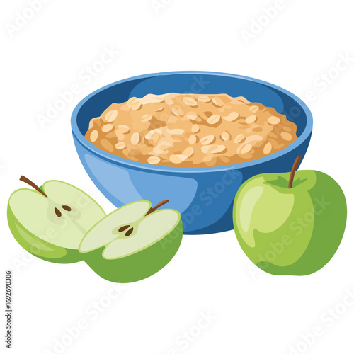 Vegetarian breakfast oatmeal with apple isolated vector illustration on white background