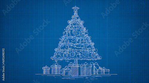 Holiday Blueprint Illustration – Christmas Tree and Presents in Line Drawing