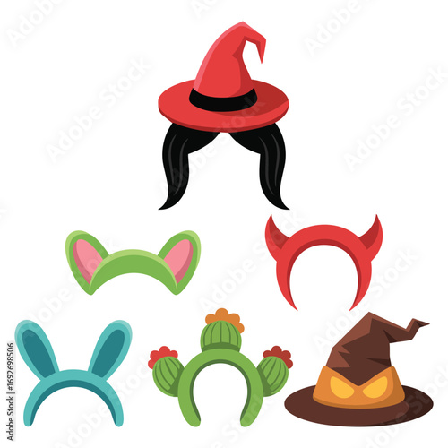 Halloween carnival hats headwear collection isolated vector illustration on white background