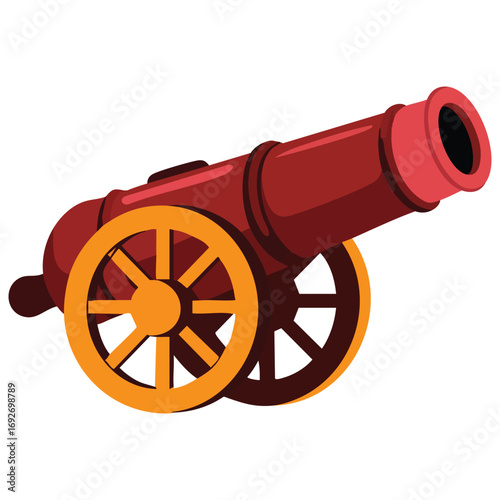 Hand drawn antique pirate cannon on wheels isolated vector illustration on white background