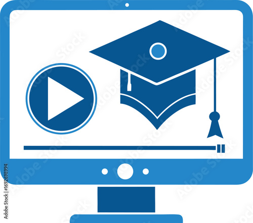 Online learning and education, digital graduation cap and play button on computer screen