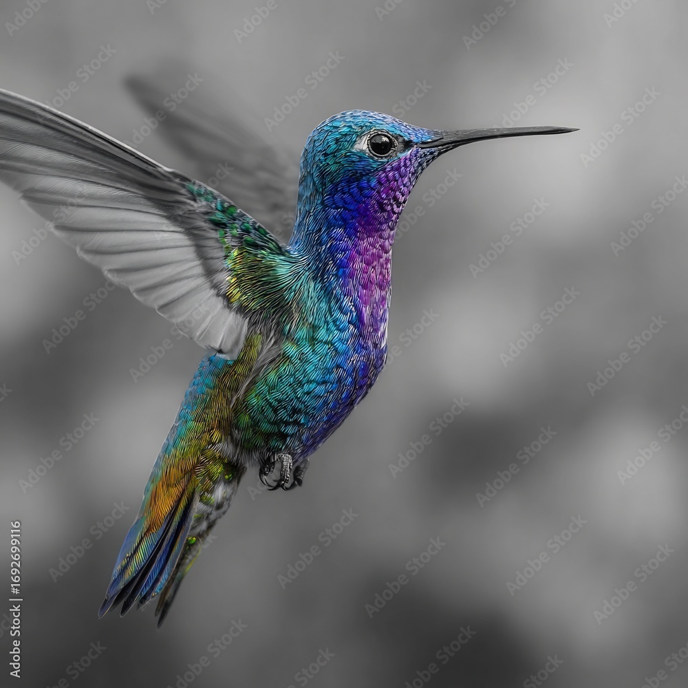 Fototapeta premium Hyper detailed hummingbird hovering mid air selective color effect iridescent feathers against blurred background