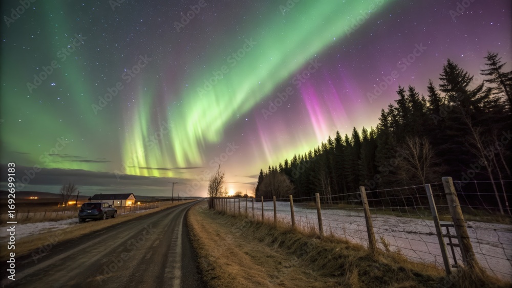 Obraz premium Breathtaking aurora borealis display over majestic forest and quiet road