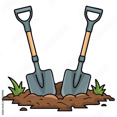 Shovels in dirt gardening tools isolated vector illustration on white background