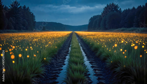 A field dotted with fireflies at dusk, two parallel water paths in the tall grass, a forest on the horizon, a dark sky, a magical atmosphere