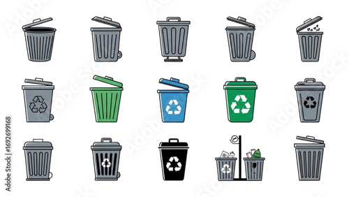 Trash Can Icon Vector | Garbage Bin, Waste Basket, Recycling Logo Design