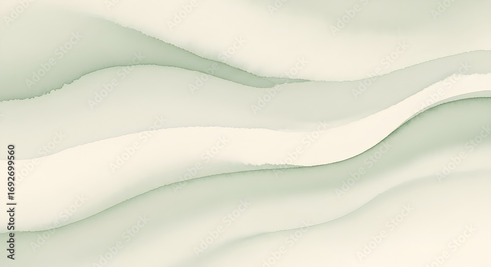 Fototapeta premium Abstract flowing watercolor washes in subtle green and cream tones creating organic curves