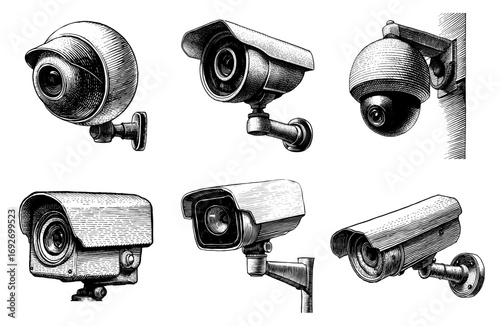 Security cameras in a vintage engraving style in black and white