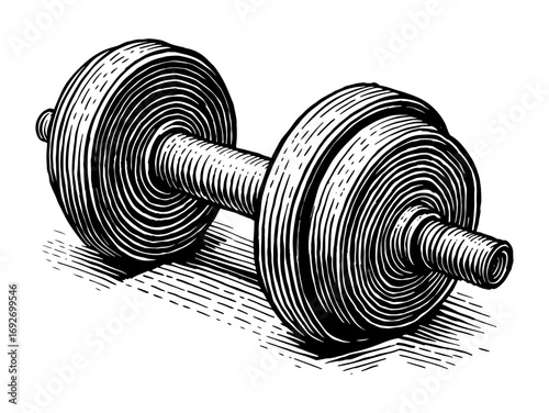 Vintage linocut dumbbell in black and white